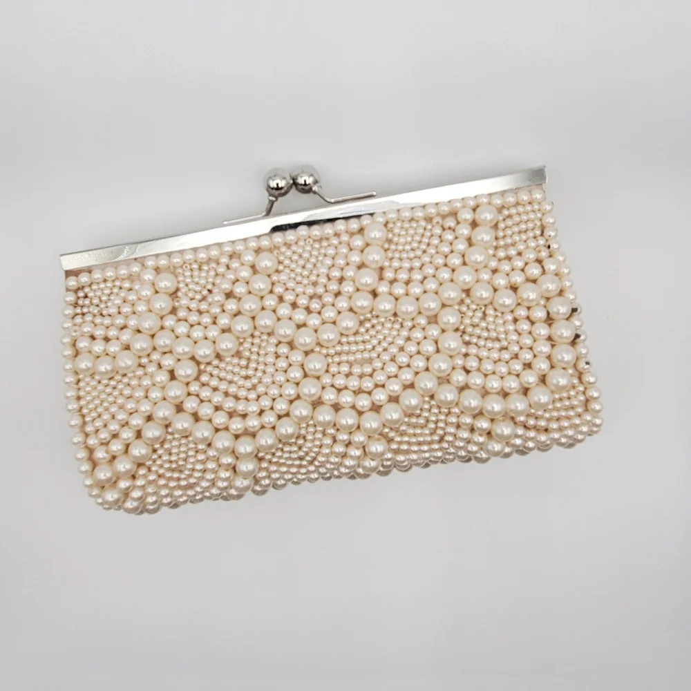 Elegant Beaded Faux Pearl Evening Clutch With Detactable Silver Chain Strap - Picture 1 of 8